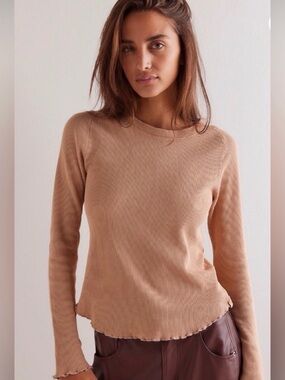 Free People Long Sleeve Waffle Knit In Peach Color